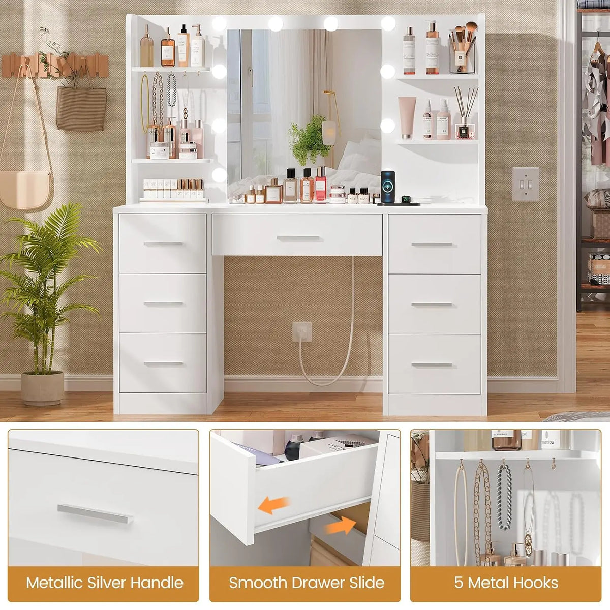 The Lumi Vanity — White 7-Drawer Makeup Desk with Lighted Mirror