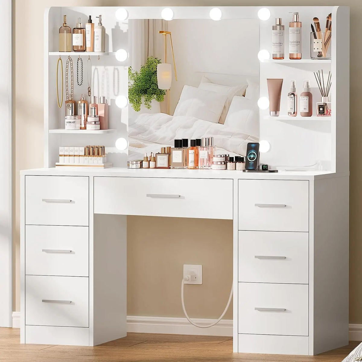 The Lumi Vanity — White 7-Drawer Makeup Desk with Lighted Mirror