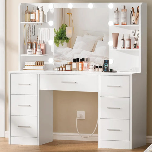 The Lumi Vanity — White 7-Drawer Makeup Desk with Lighted Mirror