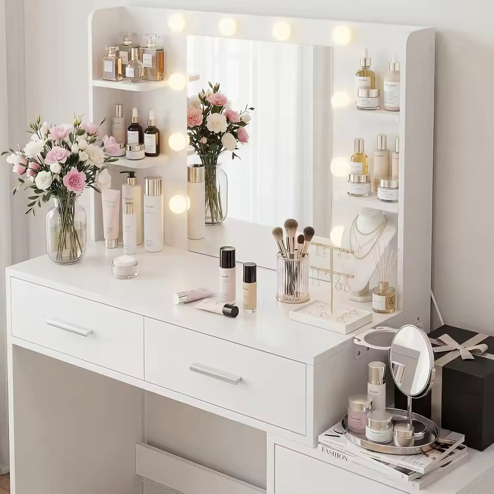 The Glow Vanity — White Makeup Desk with Lighted Mirror