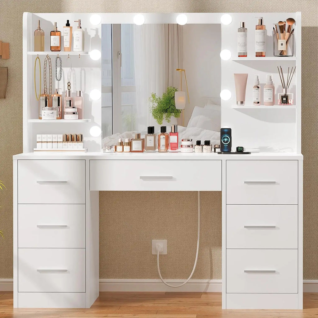 The Lumi Vanity — White 7-Drawer Makeup Desk with Lighted Mirror